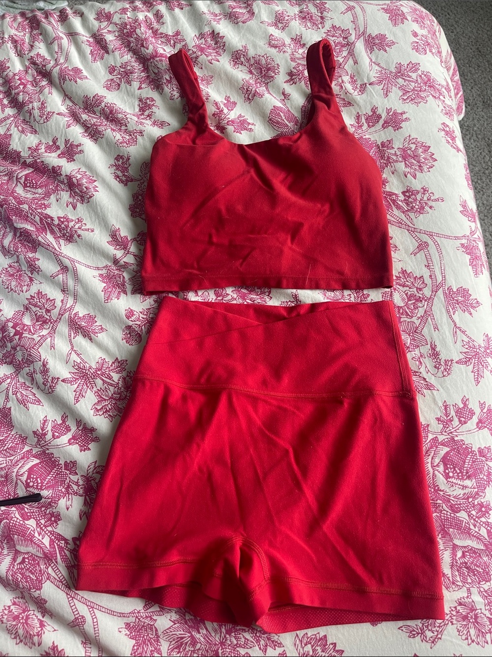 Red Crop Tank and High-Waist Bike Shorts Set